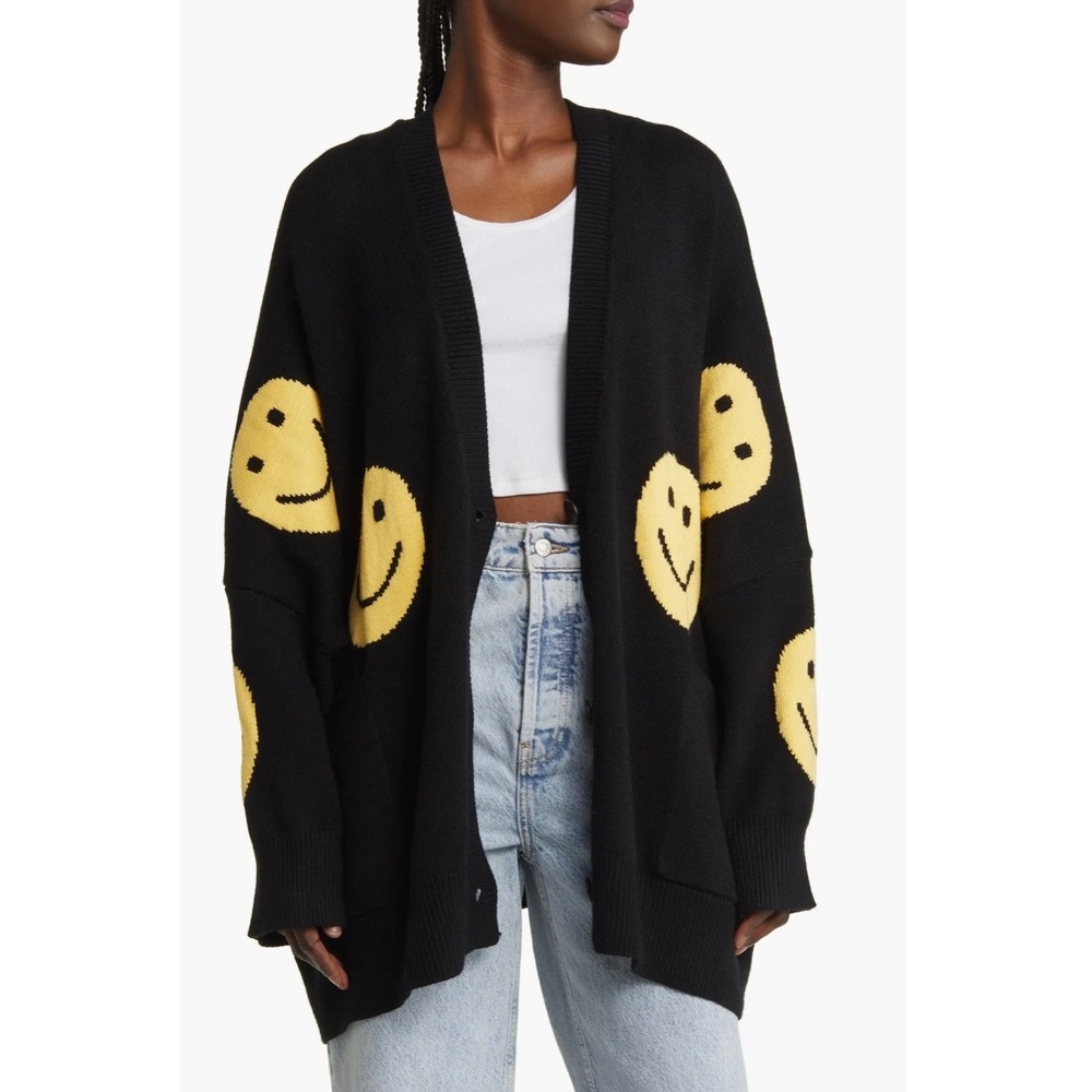 Lala Original Design Happiness Cardigan Black Smiley Face Oversized Sweater S/M